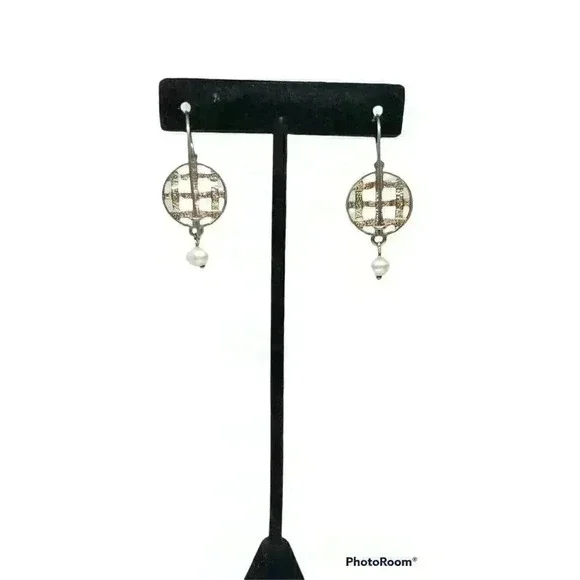 Vintage Pearl Earrings Sterling Silver Basket Weave Genuine Drop Dream Catcher - Picture 3 of 7